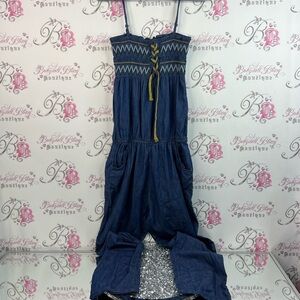 3R Streetwear jumpsuit pants flare corset tie up front Blue Denim Jumpsuit y2k